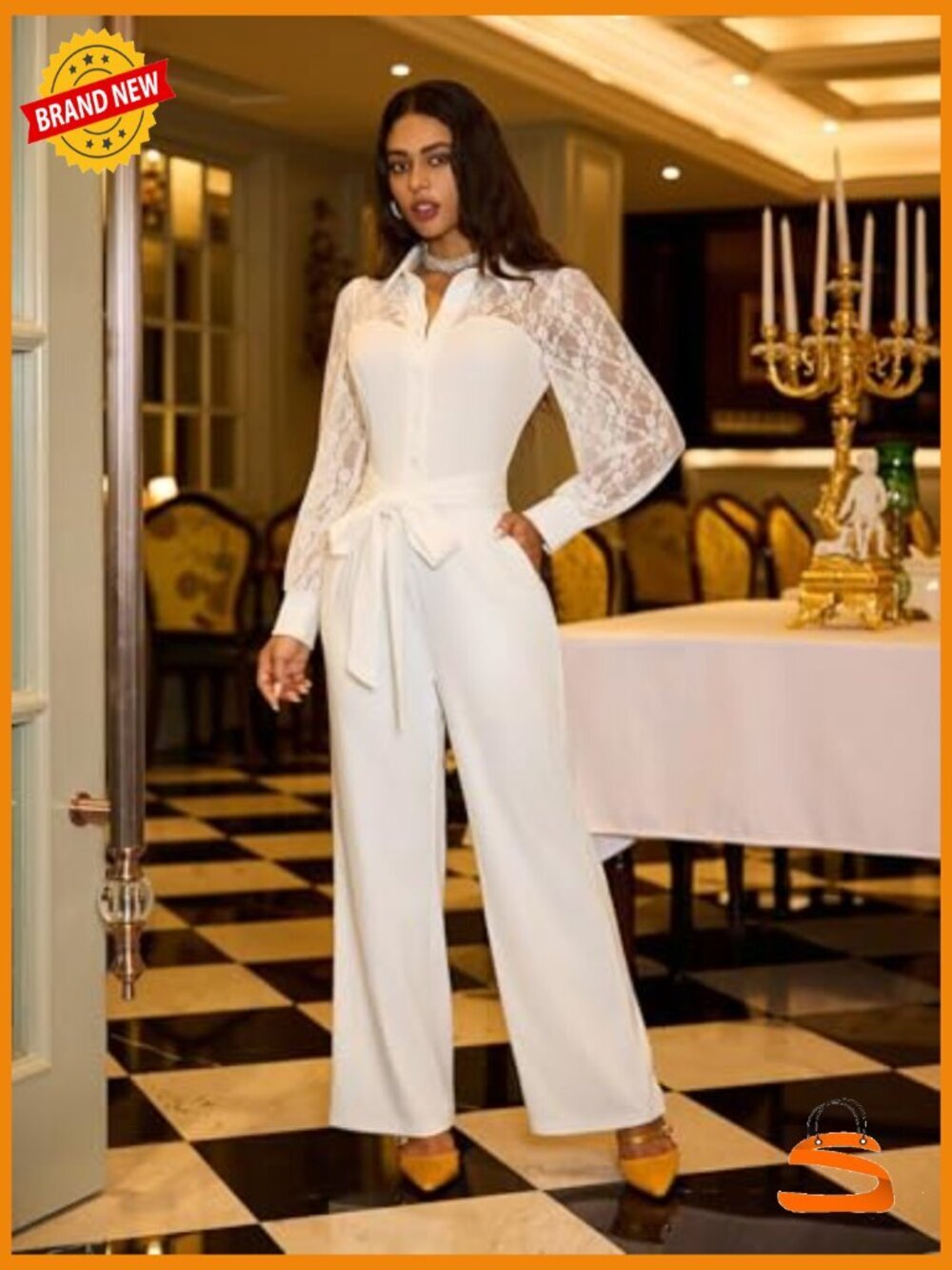 Vintage Wide Leg Lace Jumpsuit with Puff Sleeve & Deep V Neck - Picture 2 of 7